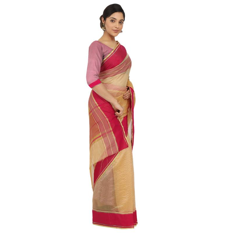 Women'S Yellow Jacquard Silk Blend Mangalagiri Woven Checkered Saree With Unstitched Blouse Piece