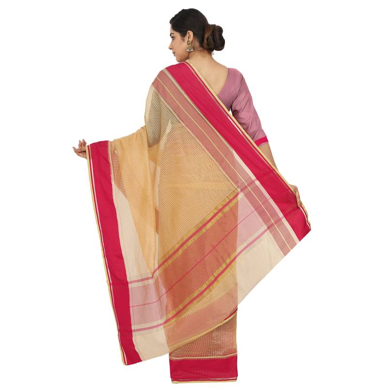 Women'S Yellow Jacquard Silk Blend Mangalagiri Woven Checkered Saree With Unstitched Blouse Piece