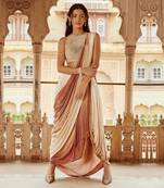 Beige  heavy embroidery crepe saree set