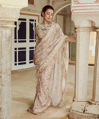 Beige printed silk oragnza  saree set 1