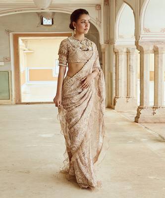 Beige printed silk oragnza  saree set 2