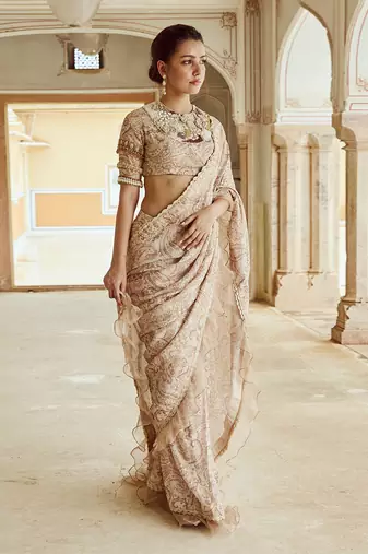Beige printed silk oragnza  saree set