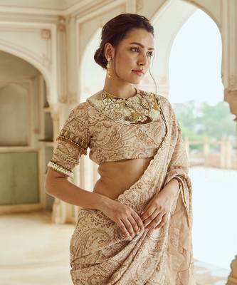 Beige printed silk oragnza  saree set 3