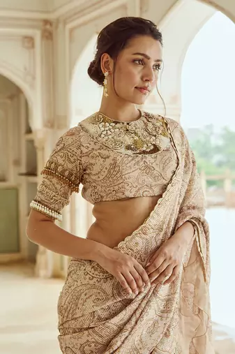 Beige printed silk oragnza  saree set