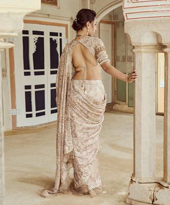 Beige printed silk oragnza  saree set 4