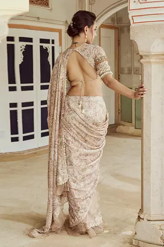 Beige printed silk oragnza  saree set