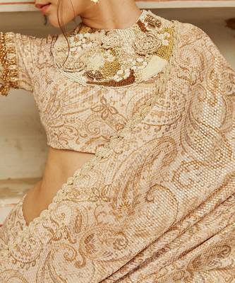 Beige printed silk oragnza  saree set 5