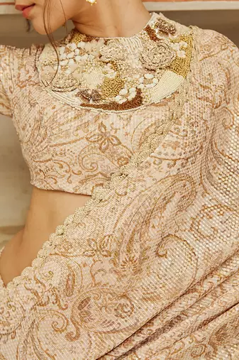Beige printed silk oragnza  saree set