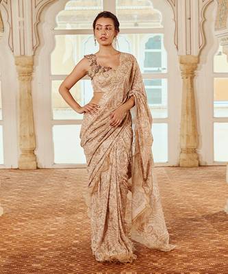 Beige printed silk oragnza  saree set 1