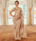 Beige printed silk oragnza  saree set