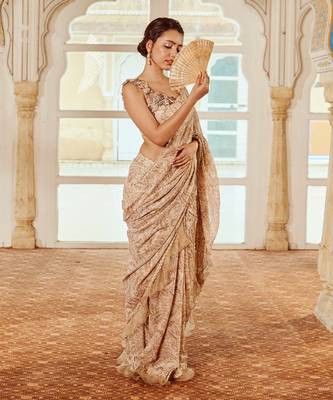 Beige printed silk oragnza  saree set 2