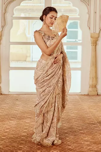 Beige printed silk oragnza  saree set