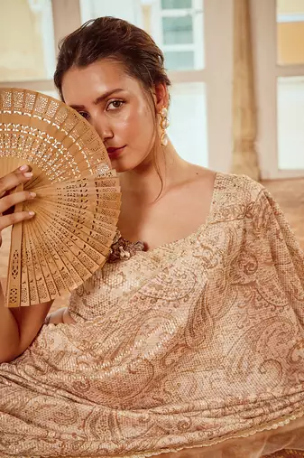 Beige printed silk oragnza  saree set