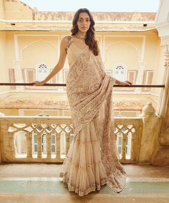 Beige printed raw silk saree set 1