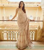 Beige printed raw silk saree set
