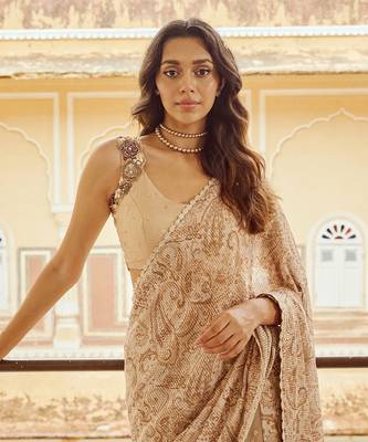 Beige printed raw silk saree set 3