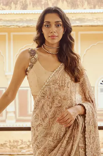 Beige printed raw silk saree set