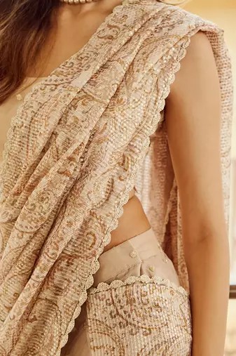 Beige printed raw silk saree set