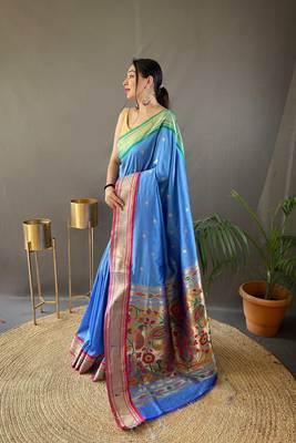 Denim Ganga Jamuna Border In Combination With Paithani Weaving Sarees Woth Elegant Rich Pallu And Blouse 1