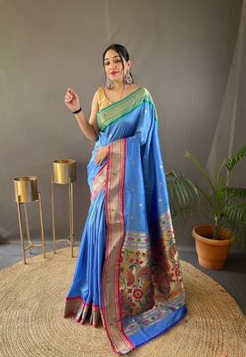 Denim Ganga Jamuna Border In Combination With Paithani Weaving Sarees Woth Elegant Rich Pallu And Blouse 3