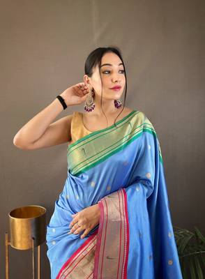 Denim Ganga Jamuna Border In Combination With Paithani Weaving Sarees Woth Elegant Rich Pallu And Blouse 4