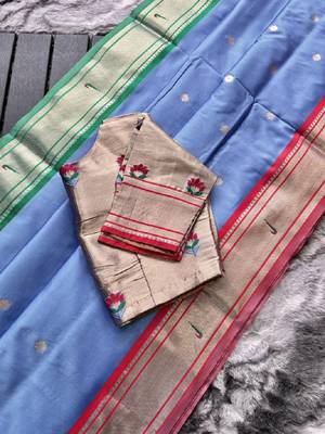 Denim Ganga Jamuna Border In Combination With Paithani Weaving Sarees Woth Elegant Rich Pallu And Blouse 5