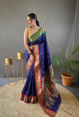 Navy Blue Ganga Jamuna Border In Combination With Paithani Weaving Sarees Woth Elegant Rich Pallu And Blouse 1