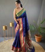 Navy Blue Ganga Jamuna Border In Combination With Paithani Weaving Sarees Woth Elegant Rich Pallu And Blouse