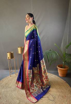 Navy Blue Ganga Jamuna Border In Combination With Paithani Weaving Sarees Woth Elegant Rich Pallu And Blouse 3