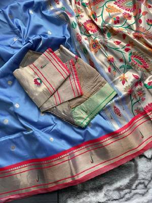 Denim Ganga Jamuna Border In Combination With Paithani Weaving Sarees Woth Elegant Rich Pallu And Blouse 6