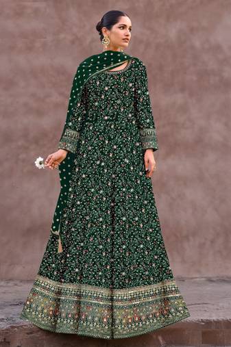 Green embroidered georgette free size stitched anarkali salwar suit