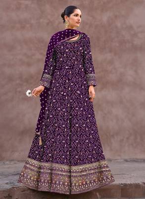 Purple embroidered georgette free size stitched anarkali salwar suit 1