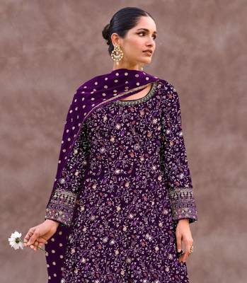 Purple embroidered georgette free size stitched anarkali salwar suit 2
