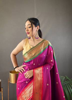 Pink Ganga Jamuna Border In Combination With Paithani Weaving Sarees Woth Elegant Rich Pallu And Blouse 5