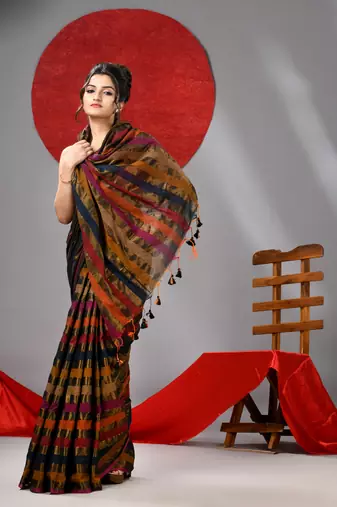 Multicolour and golden stripe handloom saree with unstiched blouse piece