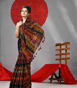 Multicolour and golden stripe handloom saree with unstiched blouse piece