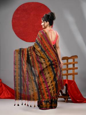 Multicolour and golden stripe handloom saree with unstiched blouse piece 2