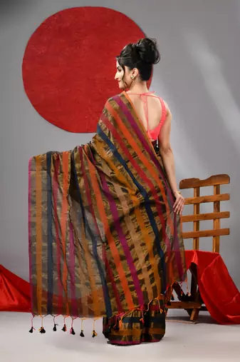 Multicolour and golden stripe handloom saree with unstiched blouse piece