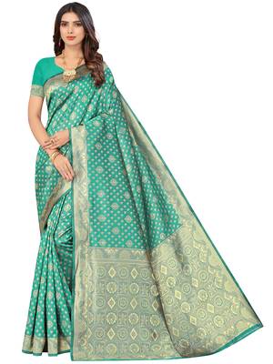 Women's Green Kota Lichi Golden Zari Ethnic Motif Banarasi Contemporary Woven Design Saree With Running Blouse Piece 1