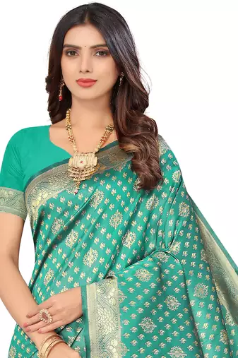 Women's Green Kota Lichi Golden Zari Ethnic Motif Banarasi Contemporary Woven Design Saree With Running Blouse Piece