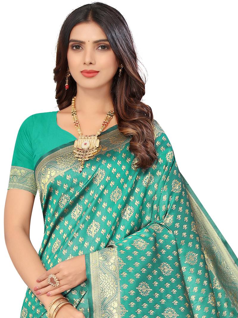 Women's Green Kota Lichi Golden Zari Ethnic Motif Banarasi Contemporary Woven Design Saree With Running Blouse Piece