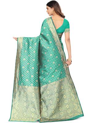 Women's Green Kota Lichi Golden Zari Ethnic Motif Banarasi Contemporary Woven Design Saree With Running Blouse Piece 3