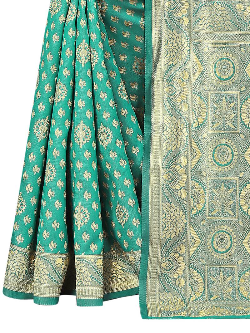 Women's Green Kota Lichi Golden Zari Ethnic Motif Banarasi Contemporary Woven Design Saree With Running Blouse Piece