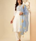 White PV Chanderi fabric Kurta Pant with Dupatta Set