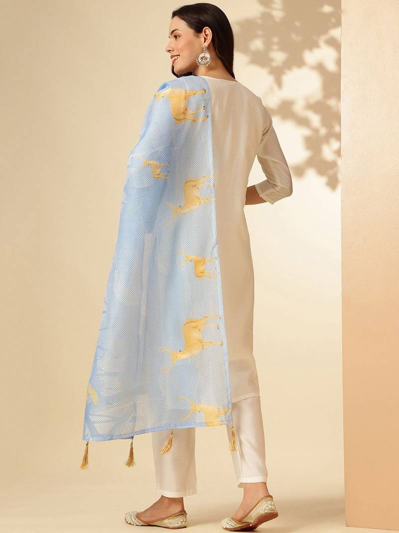 White PV Chanderi fabric Kurta Pant with Dupatta Set