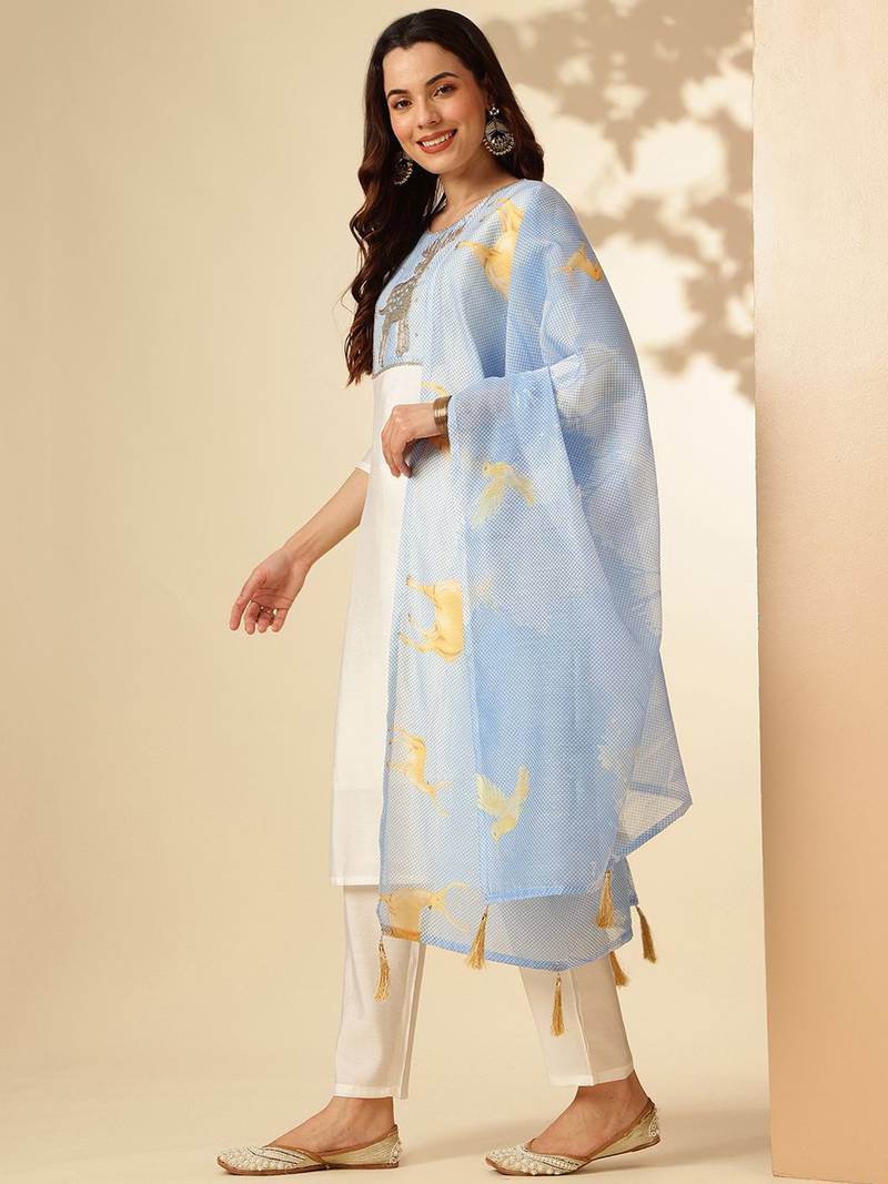 White PV Chanderi fabric Kurta Pant with Dupatta Set