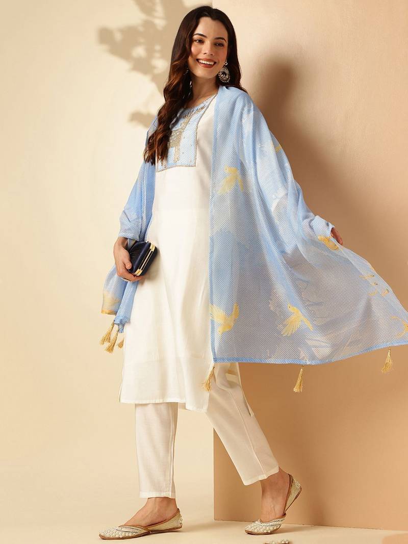 White PV Chanderi fabric Kurta Pant with Dupatta Set