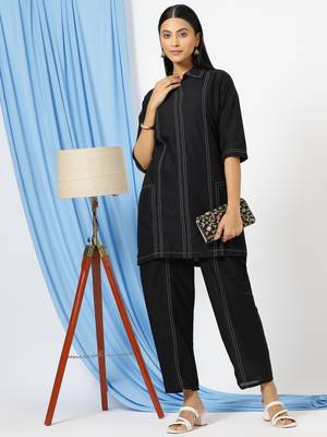 Anushil stylish co-ord set for women - solid shirt style kurti with pants, 2peice kurta with trouser casual wear 1