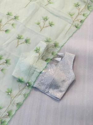 Green Colour Organza Silk Handwork With Digital Print Saree  1