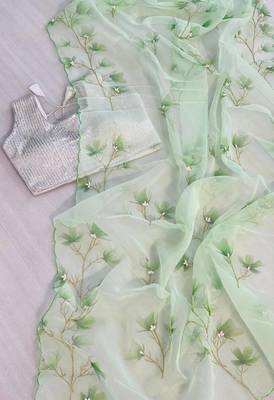 Green Colour Organza Silk Handwork With Digital Print Saree  2